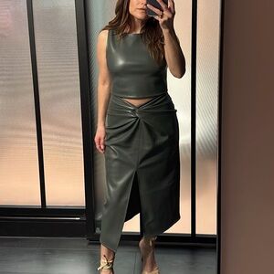 Elegant Sleeveless Faux Leather Two-Piece Olive Green Set.